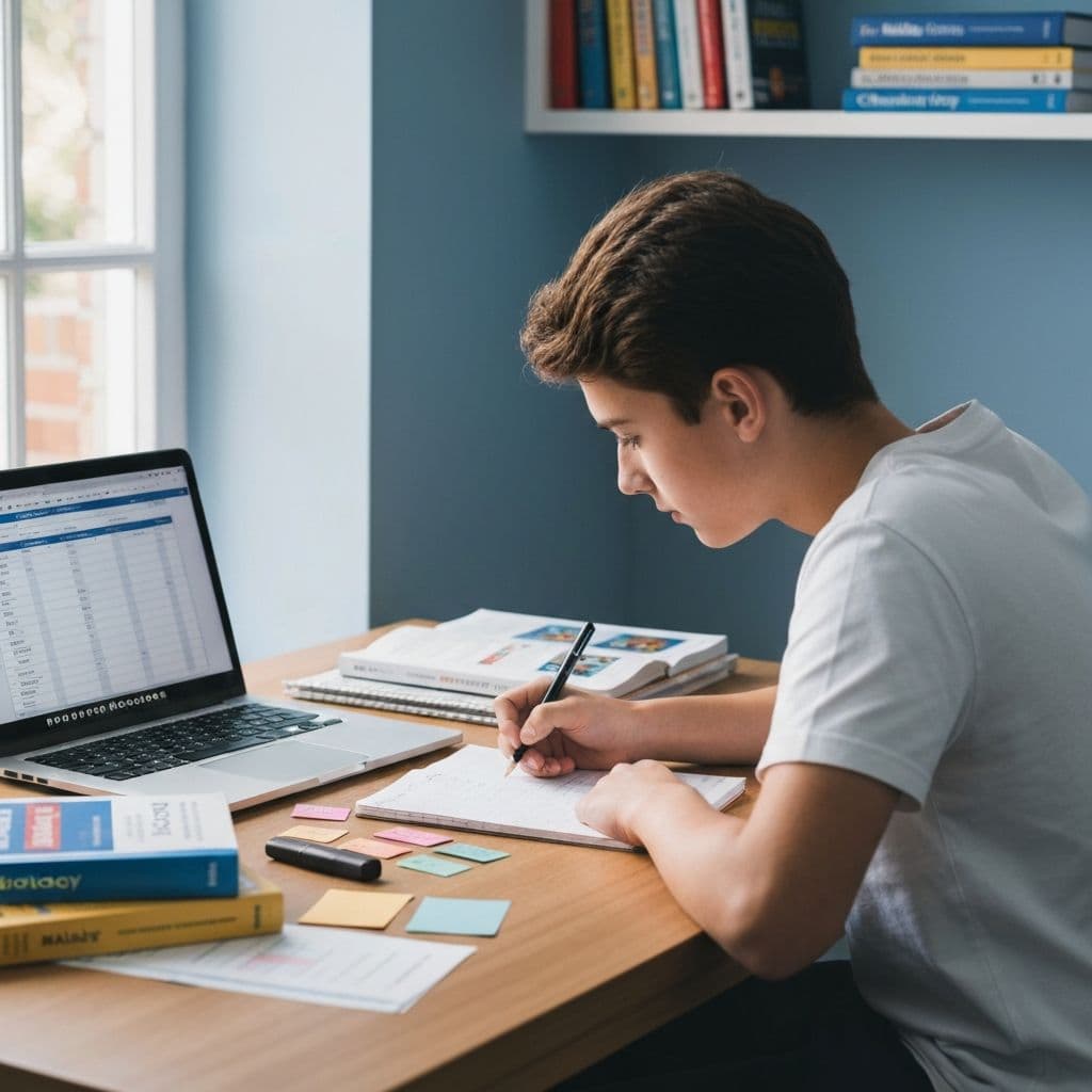 A-Level revision help UK - student revising with notes, flashcards and laptop