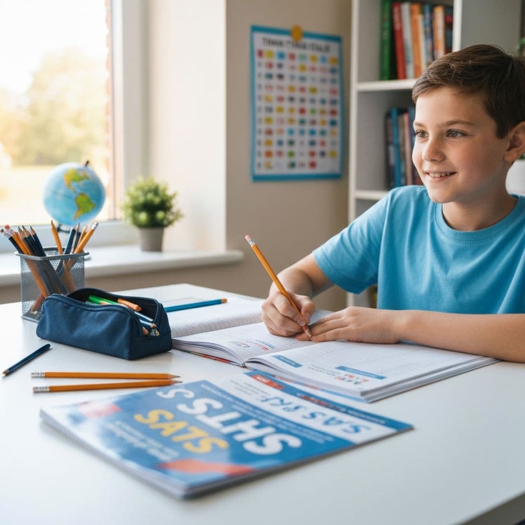 SATs tutoring UK - Year 6 primary school child revising KS2 SATs papers at a bright home desk