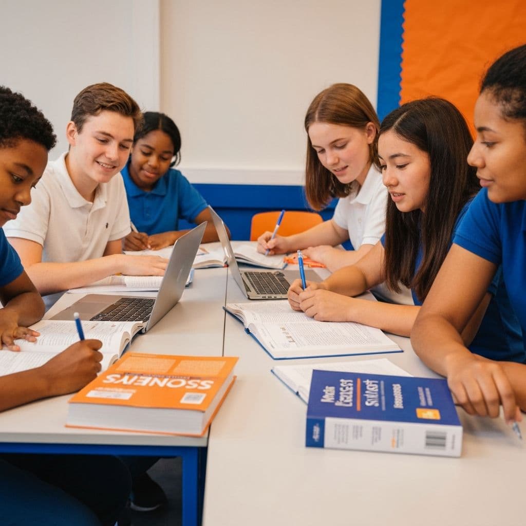 GCSE students studying together with textbooks and revision notes in the UK