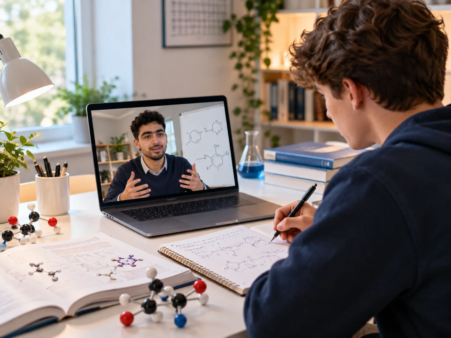 Student studying A-Level Chemistry with experiments and notebooks in view