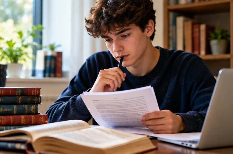Young person annotating and reviewing English study notes
