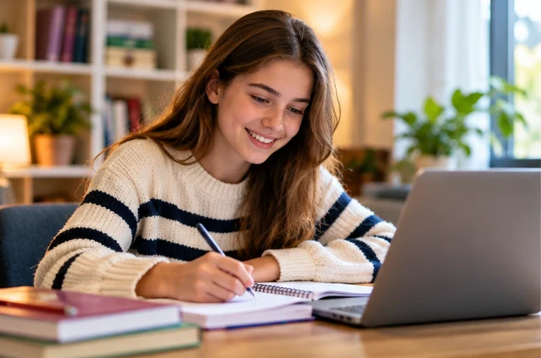 Student practising GCSE English reading and writing with a laptop and notes