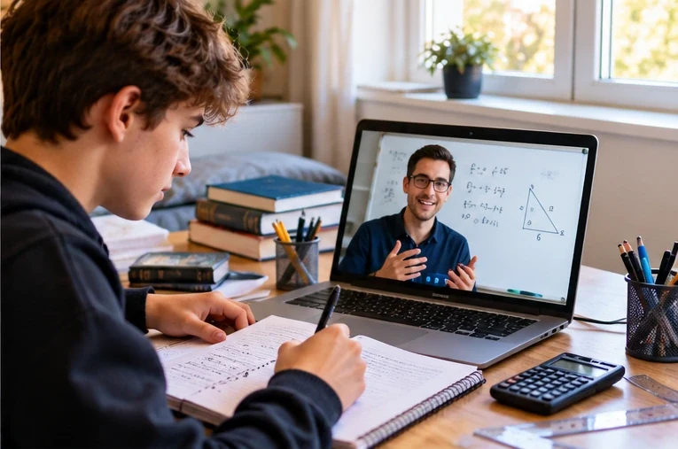 GCSE student checking written Maths solutions at a study desk