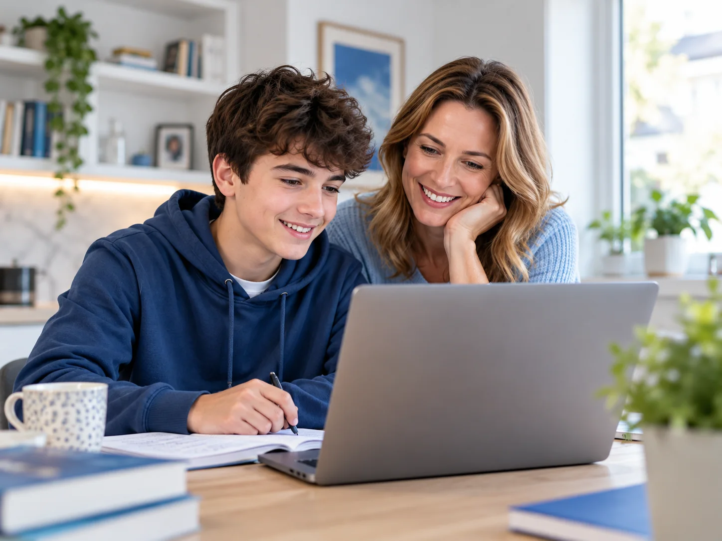 Parent helping a school-age learner with online studies